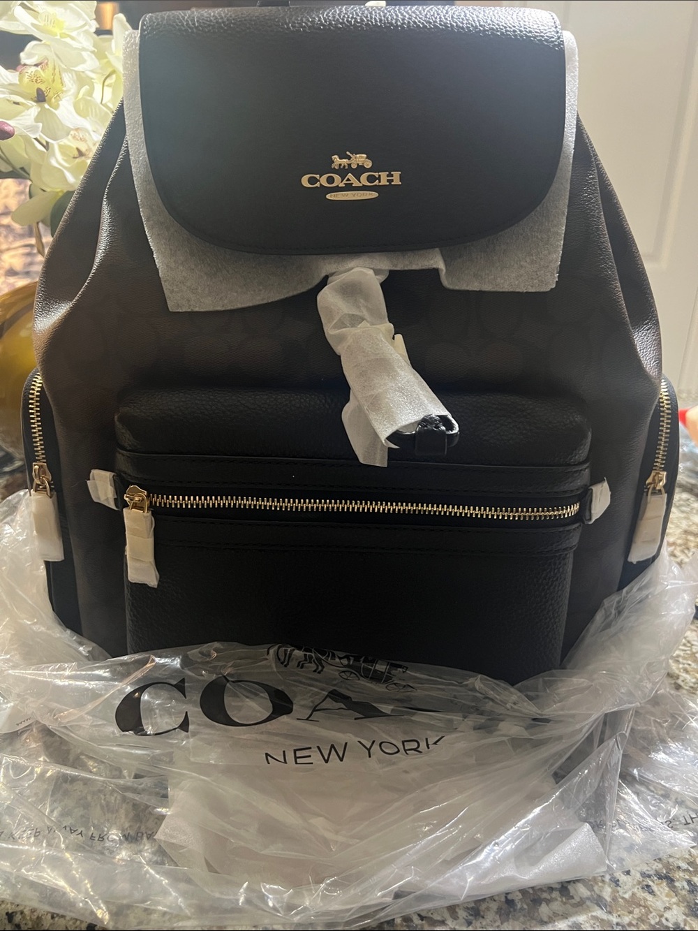 Coach Black Leather Logo Backpack with Gold Accents